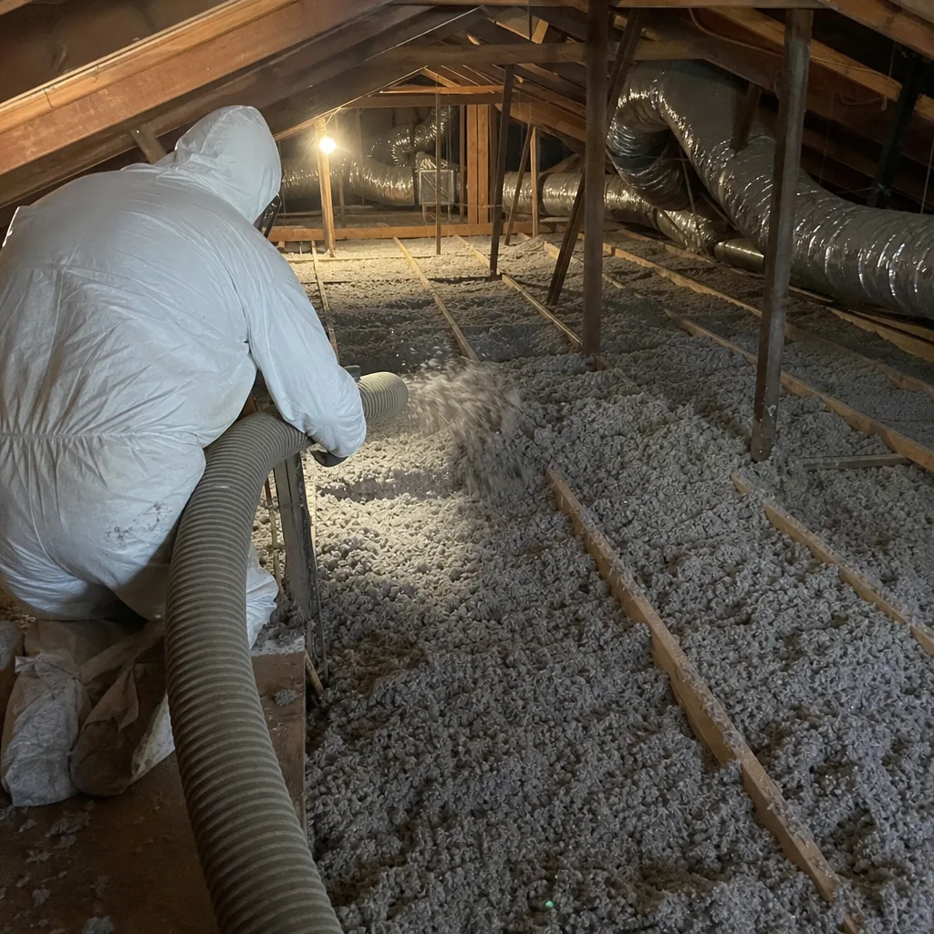 Technician installing loose-fill insulation in attic space
