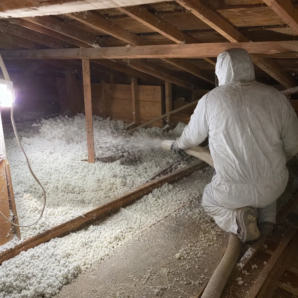 professional contractor blowing loose-fill insulation into an attic space