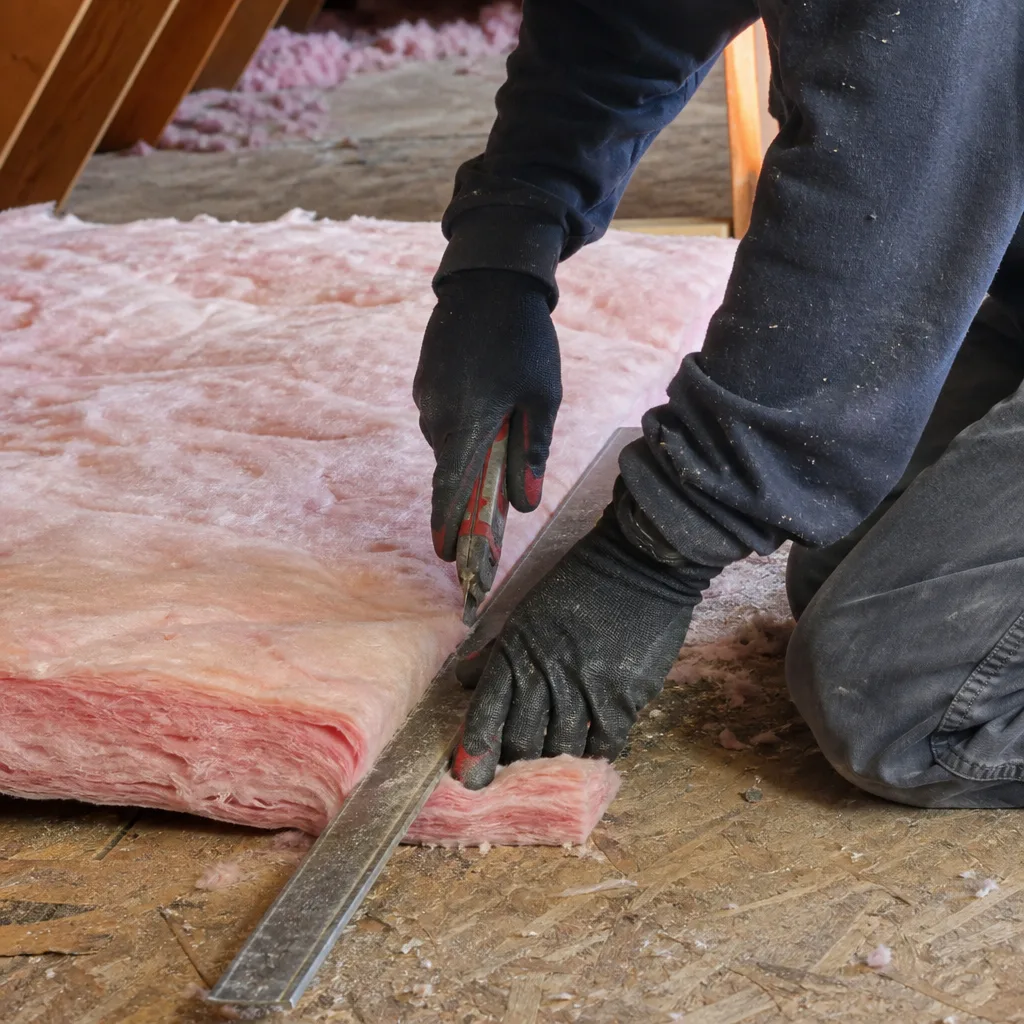 Worker cutting pink fiberglass attic insulation with a utility knife