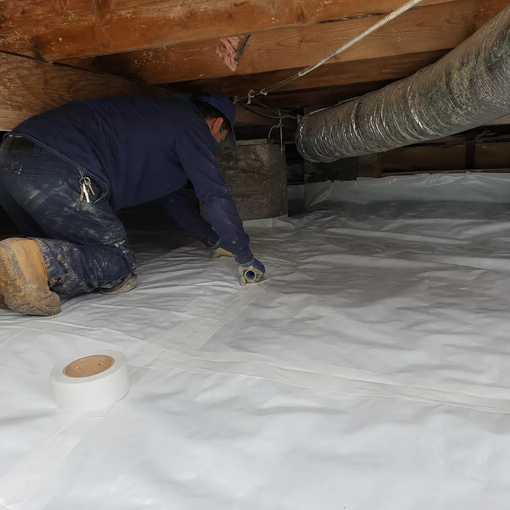 Contractor installing white vapor barrier and sealing seams in crawl space