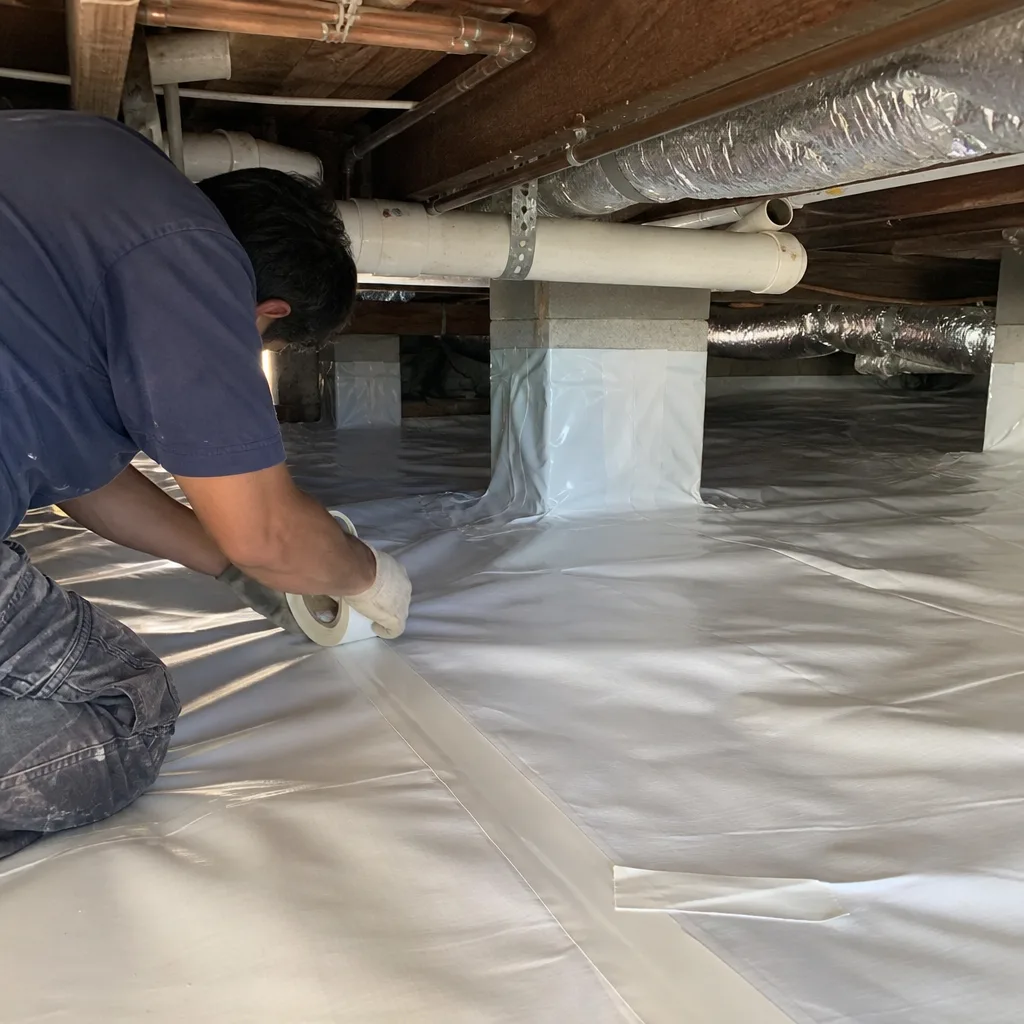 Technician installing vapor barrier during professional crawl space encapsulation