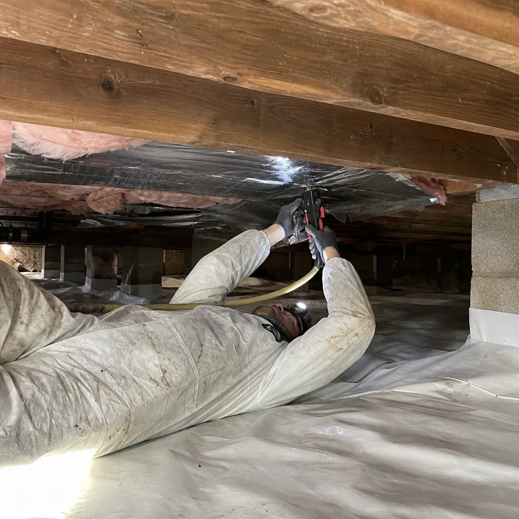 Technician performing professional crawl space encapsulation and vapor barrier installation